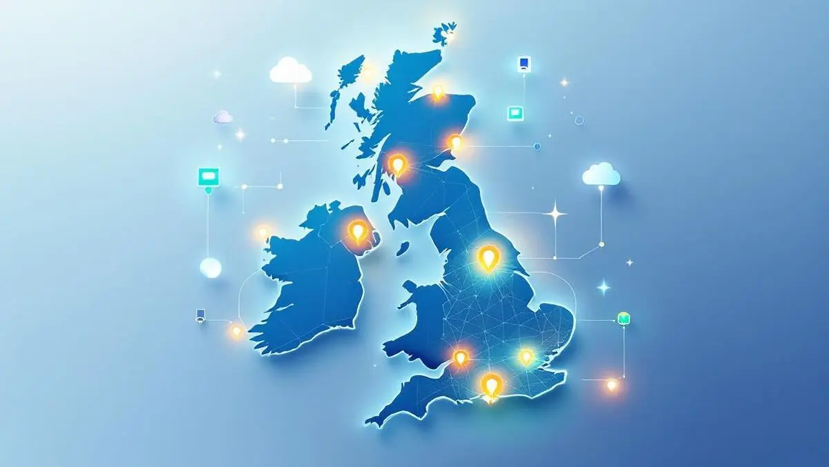 Uk simplified map eight network nodes cloud tech illustration