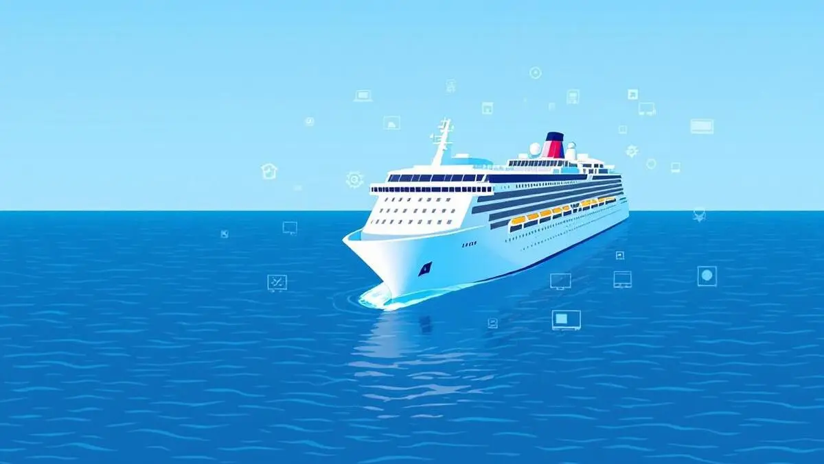 Large cruise ship on calm blue ocean with tech icons symbolizing it management