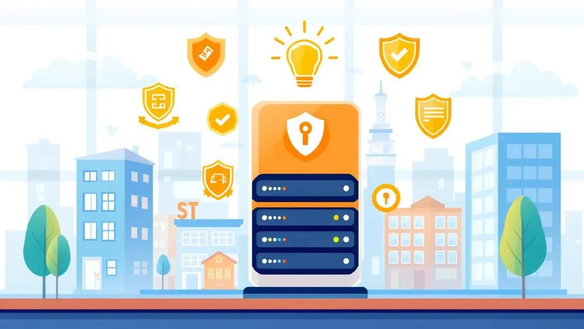 Secure computer server surrounded by school buildings with shield icons data protection in classroom environment