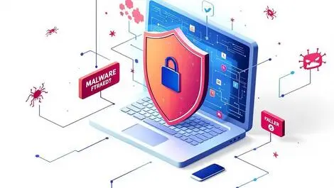 Detailed illustration secure computer protected by digital shield amid malware threats