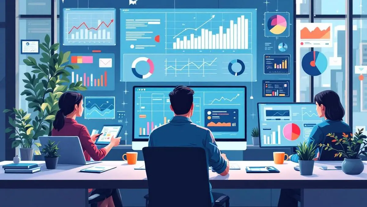 Modern office collaboration tech innovation growth data analytics devices