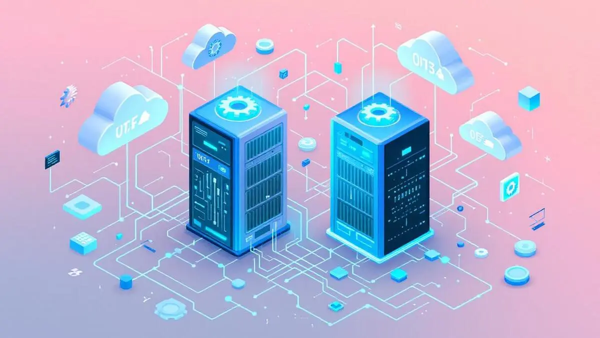 Digital illustration two servers data streams cloud icons gears automation code