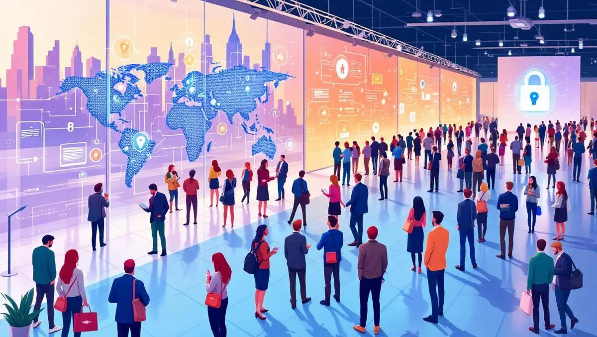 Busy technology conference modern city venue networking digital security icons global cybersecurity event