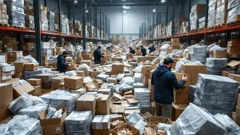Uk warehouse parcels returns sorting online shopping chaos busy scene