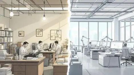 Illustration small office desks manual work modern office robotic assistants