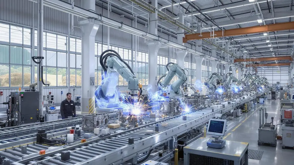 Modern european factory floor automated robotic arms advanced inspection quality control