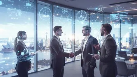 Business technology leaders collaborative discussion data handshake neural networks australia new zealand skylines