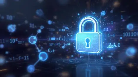 Digital padlock with quantum particles math symbols quantum cybersecurity