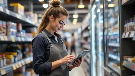 Australian retail employee using tablet in modern store for customer service