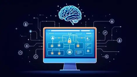 Computer screen network highlighted security vulnerabilities ai brain cyber threats analysis