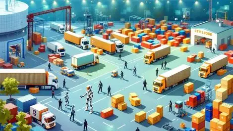 European logistics hub trucks shipping containers robots managing goods