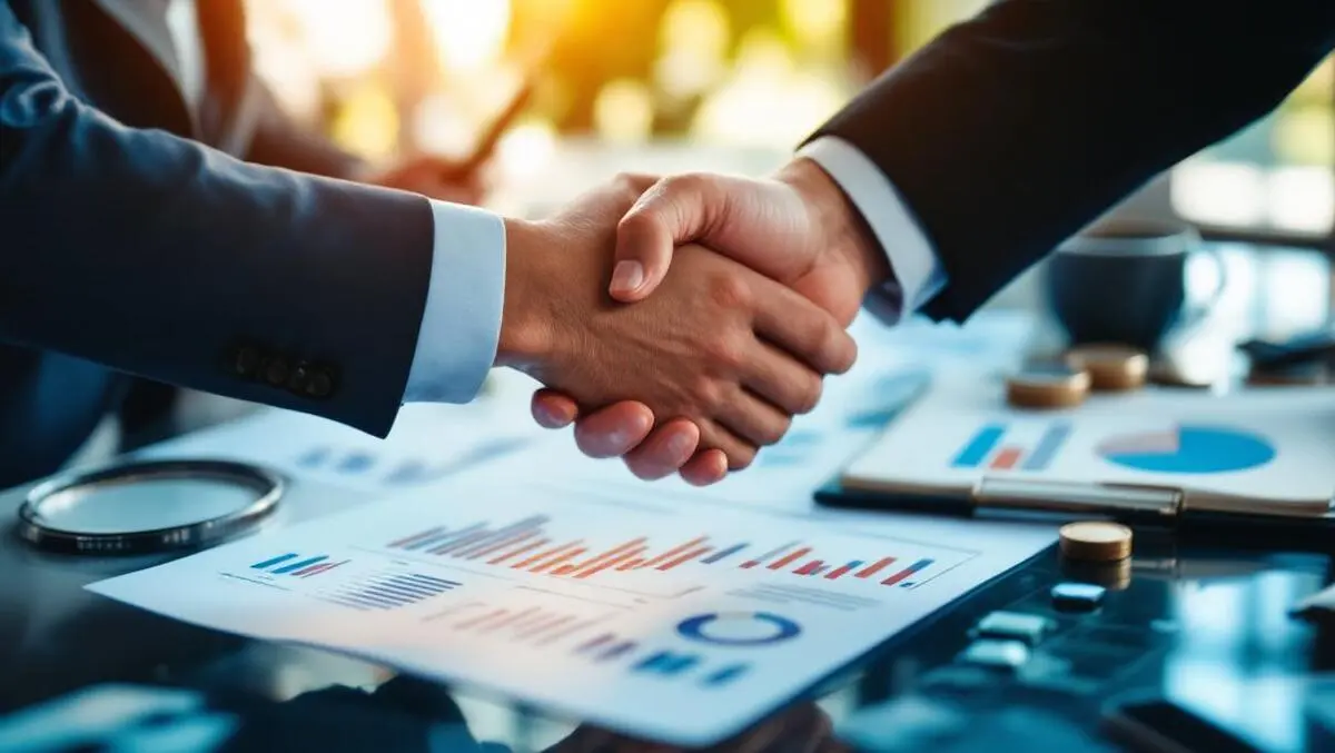 Realistic businesspeople shaking hands over financial charts major acquisition