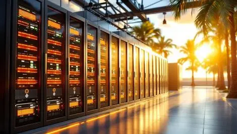Modern data center server racks glowing lights sunshine coast palm trees australia