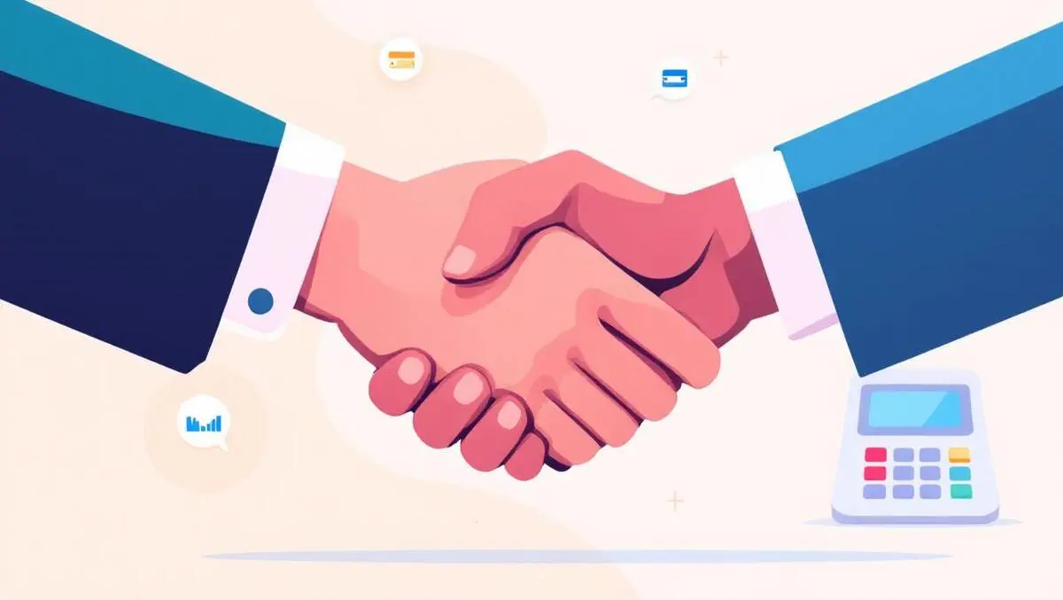 Handshake businesspeople retail software acquisition digital payment icons