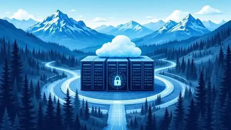 Realistic illustration secure data center canadian landscape mountains forests cloud security