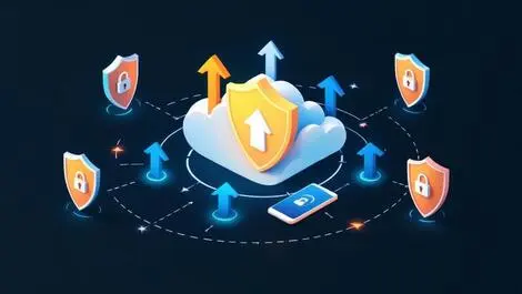 Secure digital cloud with shields padlocks upward arrows roi enhancement