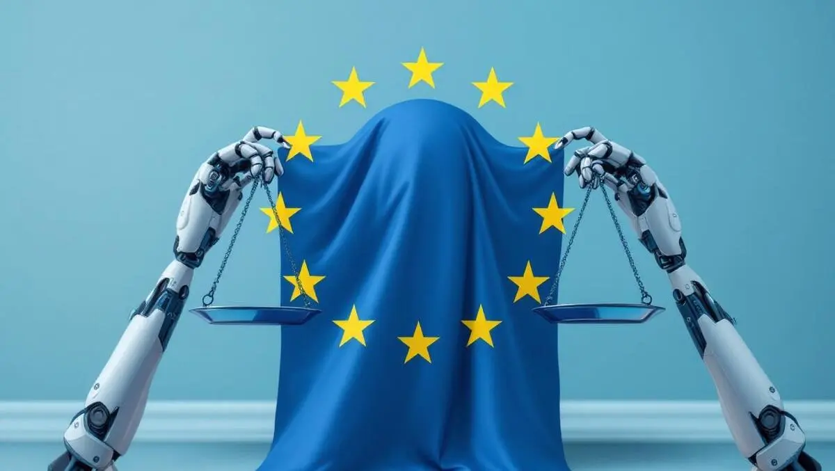 European union flag robotic hands holding balanced scale ai regulation