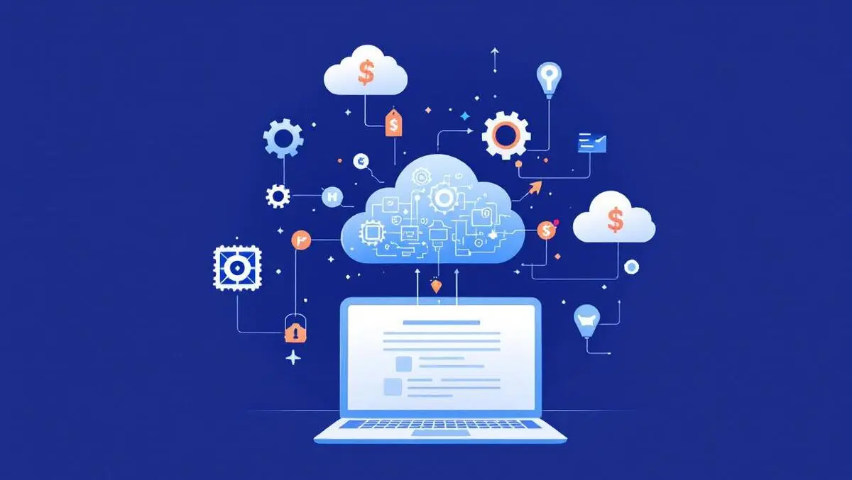 Cloud icons interconnected digital gears pricing tags above laptop saas integration complexity