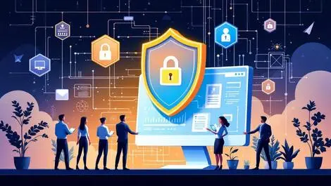 Illustration computer network security shields locks professionals teamwork cybersecurity modern office