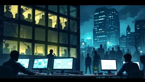 Australian office building cybersecurity concept dark windows chains