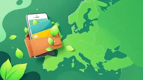 Digital wallet credit cards green leaves shopping bag europe map online payments sustainability