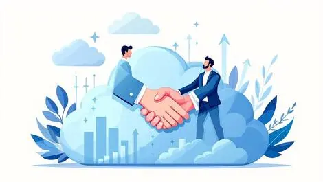 Businesspeople shaking hands over cloud with growth graphs investment
