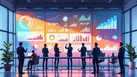 Modern office digital dashboards colorful data visualizations charts business analysis