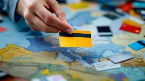 Hand holding credit card over europe uk map payment cards spread