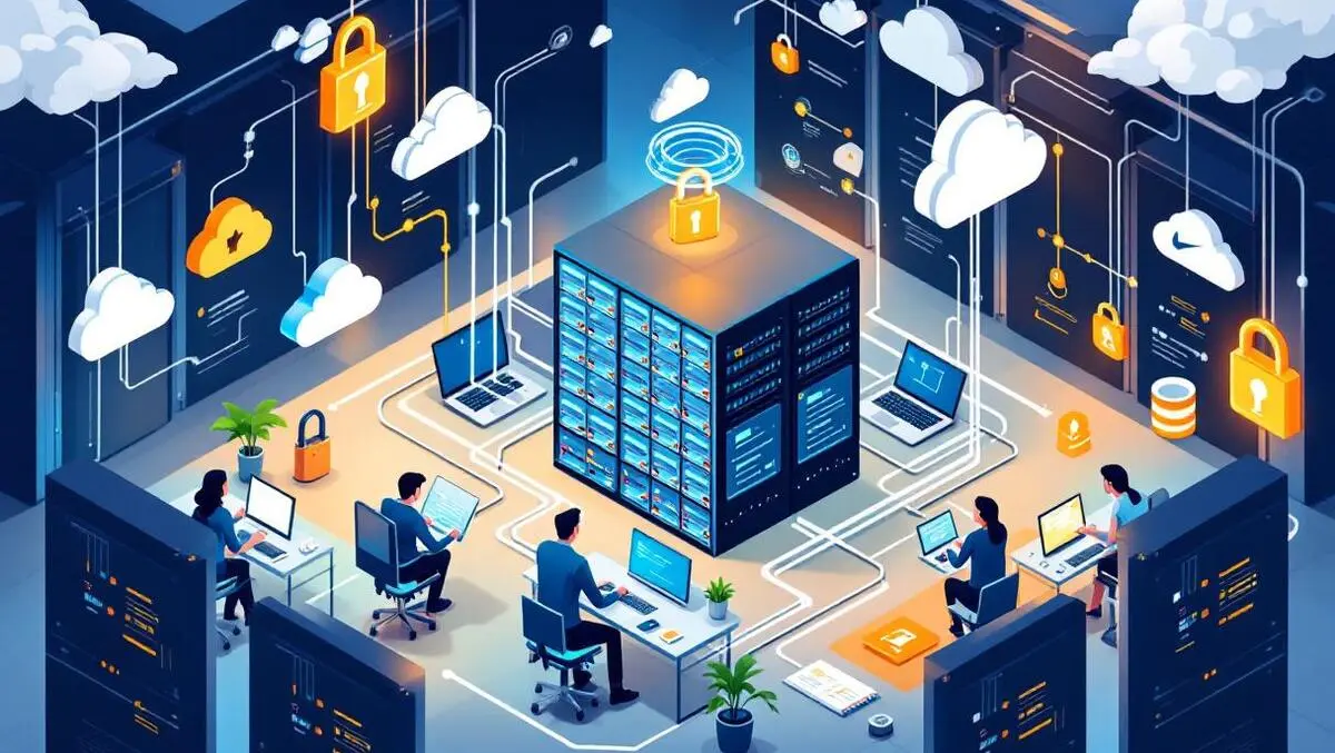 Modern european it server room mainframe computers cables security icons
