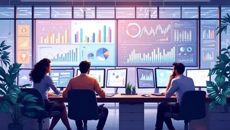 Business executives analyzing ai data modern office decision making