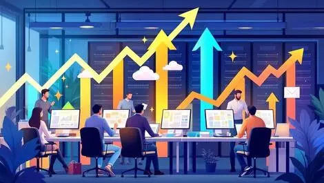 Modern office workspace collaboration computer screens server racks growth