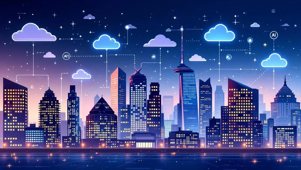 Modern uk city skyline digital cloud icons ai network lines technology