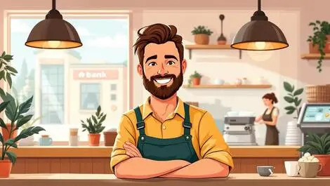 Australian small business owner cozy cafe barista background bank window economy