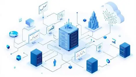 Interconnected servers monitors data flows ai neural patterns modern it automation