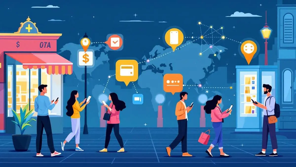 Illustration people asian european using smartphones mobile payments wallets global connectivity