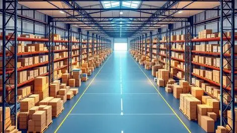 Modern sydney warehouse high shelves boxes broad aisles overhead view smart 3d design