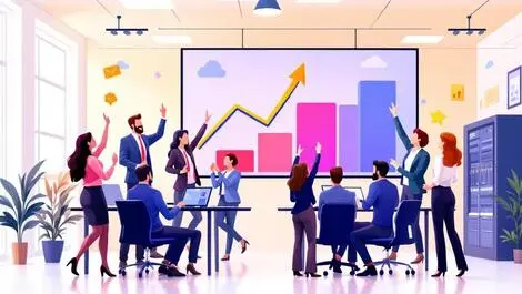 Realistic business team celebrating rapid growth graph success tech