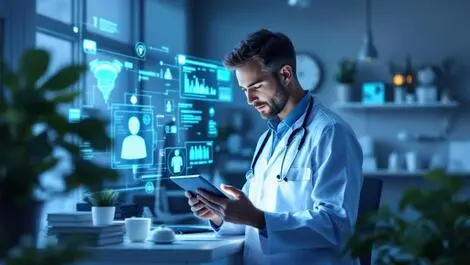 Realistic illustration australian doctor using tablet modern clinic health data