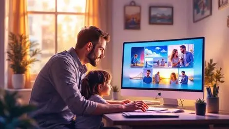 Australian family examining digital images photos ai art cozy home