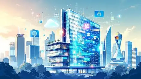 Modern singapore office building digital ai data streams cityscape illustration