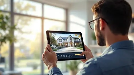 Realistic property inspector using tablet filming video walkthrough modern home large window daylight