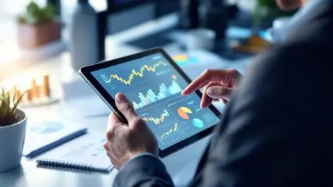 Business executive analyzing financial data digital tablet charts graphs modern office