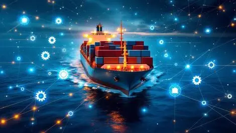 Realistic cargo ship at sea with ai integration digital gears network