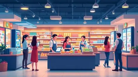 Southeast asian shoppers interacting ai kiosks modern supermarket