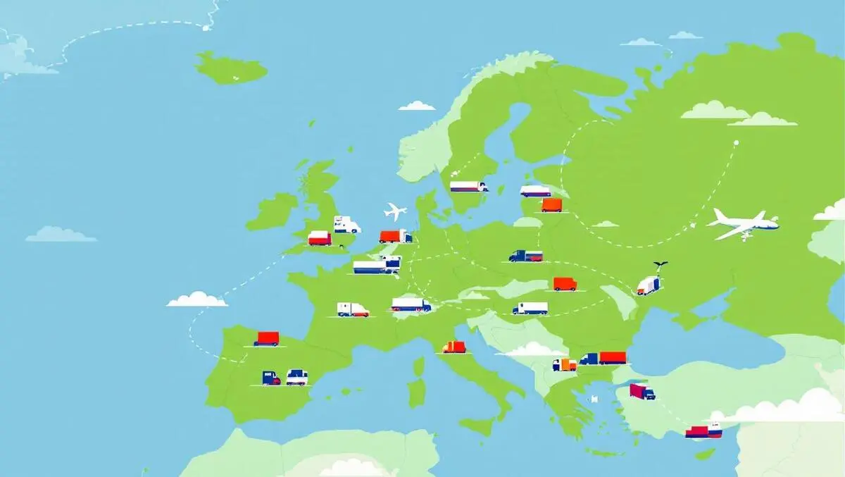 Illustration trucks ships planes moving goods across europe map green landscapes emissions