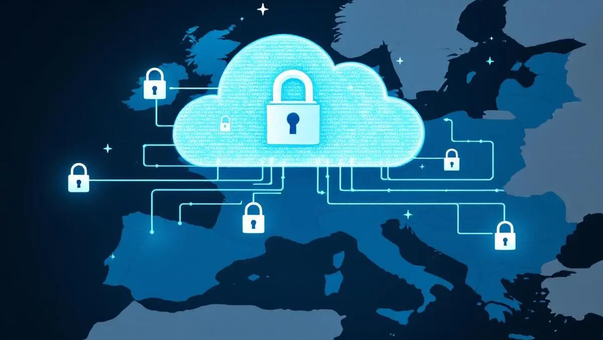 Secure digital cloud europe map interconnected locks shield privacy data security
