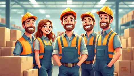 Cheerful australian workers in warehouse with safety vests amid boxes positive workplace culture