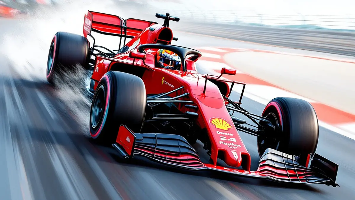 Realistic red formula one car racing track speed motion blur performance