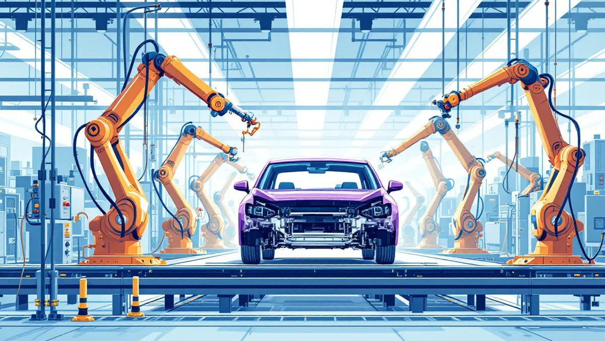 Car assembly line halted robotic arms unassembled vehicle parts disruption