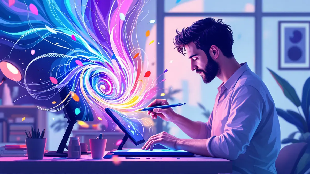 Digital artist painting quantum effects with stylus on tablet modern studio